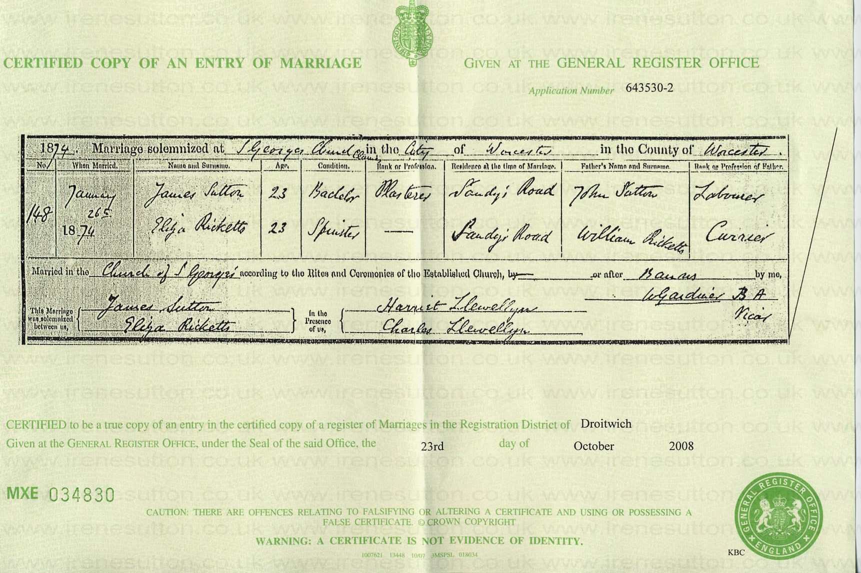  sourced from Marriage Certificate in the City of Worcester in the County of Worcester 034830 Entry No. 148.